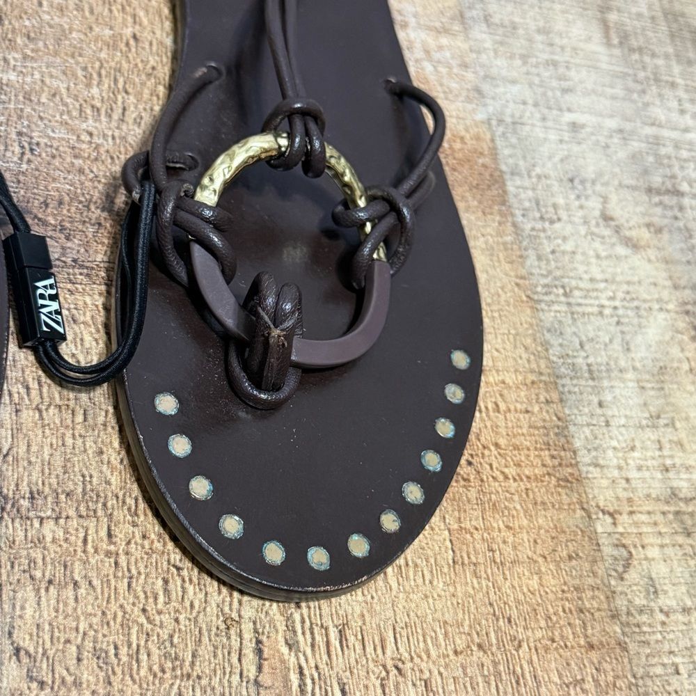 ZARA FLAT LEATHER SANDALS WITH DECORATIVE DETAIL - Picture 7 of 14
